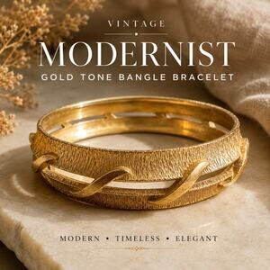 Vintage Modernist Gold Tone Bangle Bracelet Textured Abstract